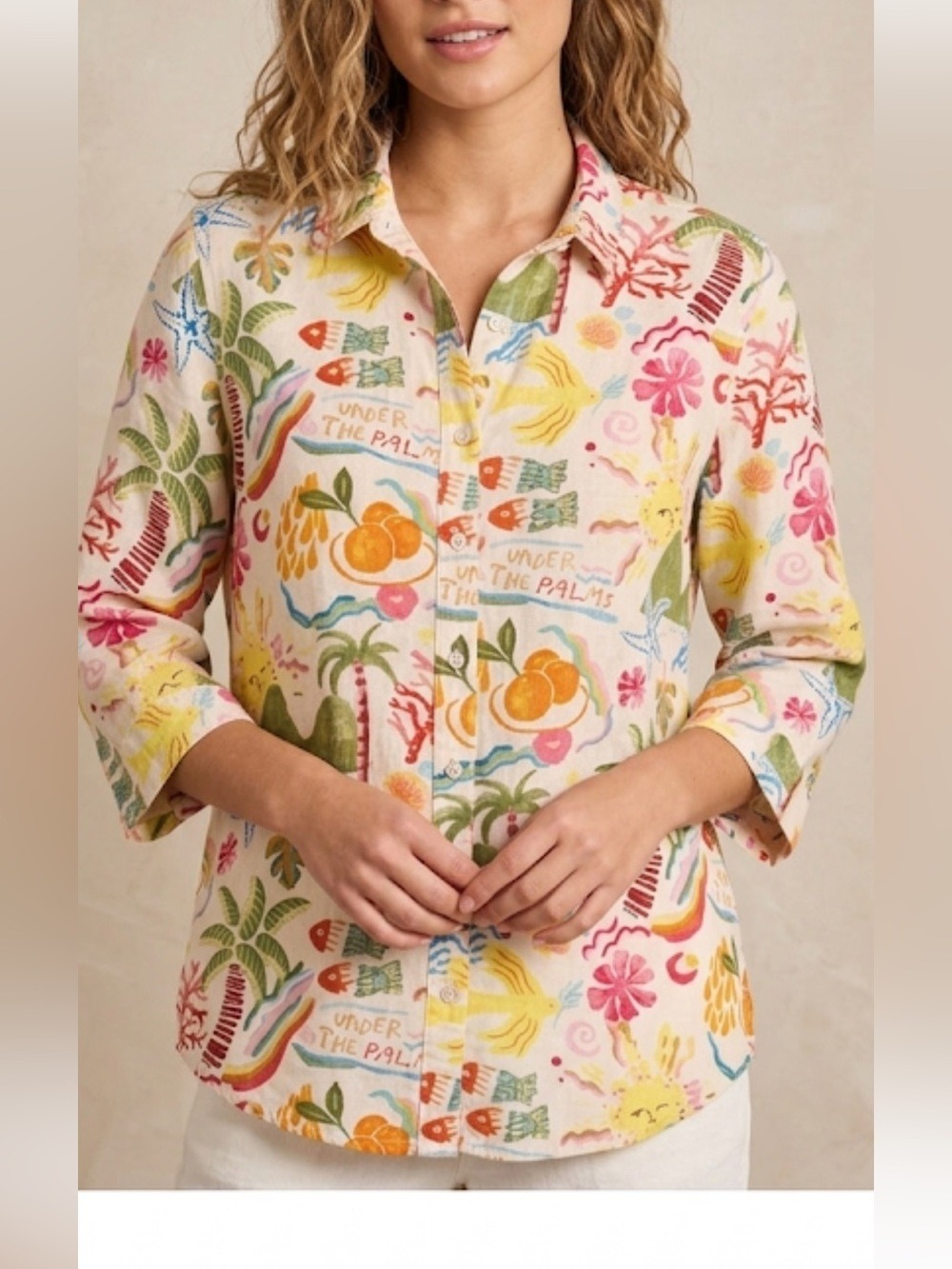 Calypso St. Barth L tropical Print Button-Up Shirt Palm Fruit Floral 3/4 Sleeve - Picture 1 of 7